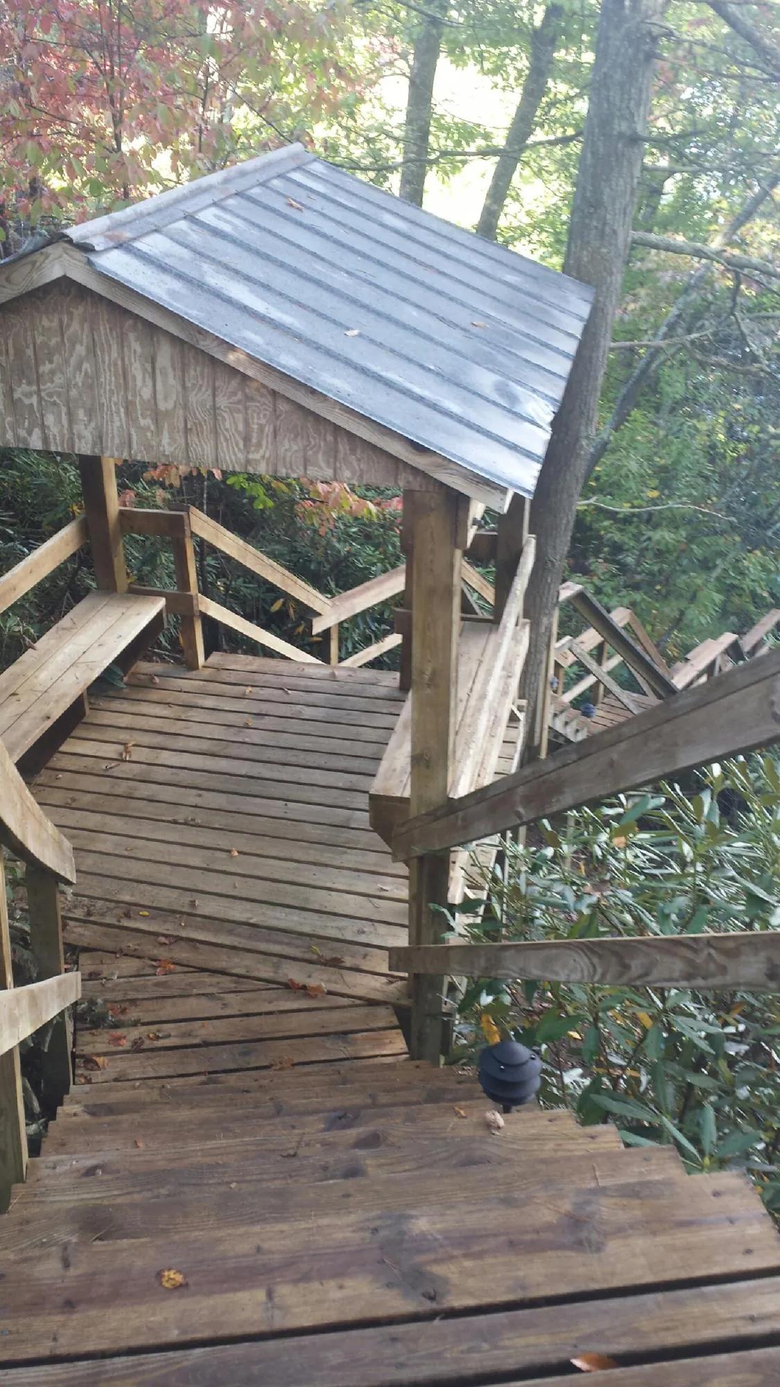 Metal roofed shelter over wooden steps on a wooded walkway — Skylight Repair & Installation work by our crew in Lime Ridge
